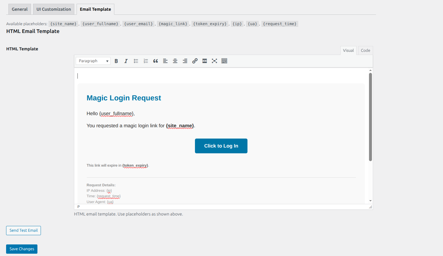 One Tap Magic Login Email Template Editor