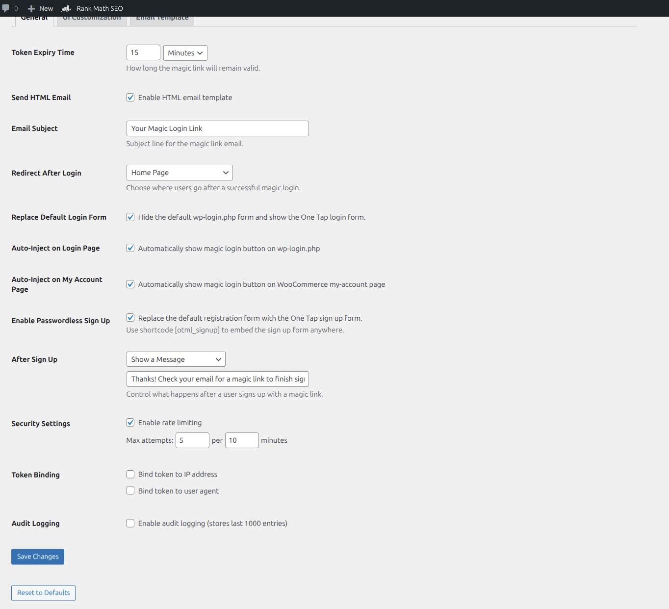 One Tap Magic Login General Settings